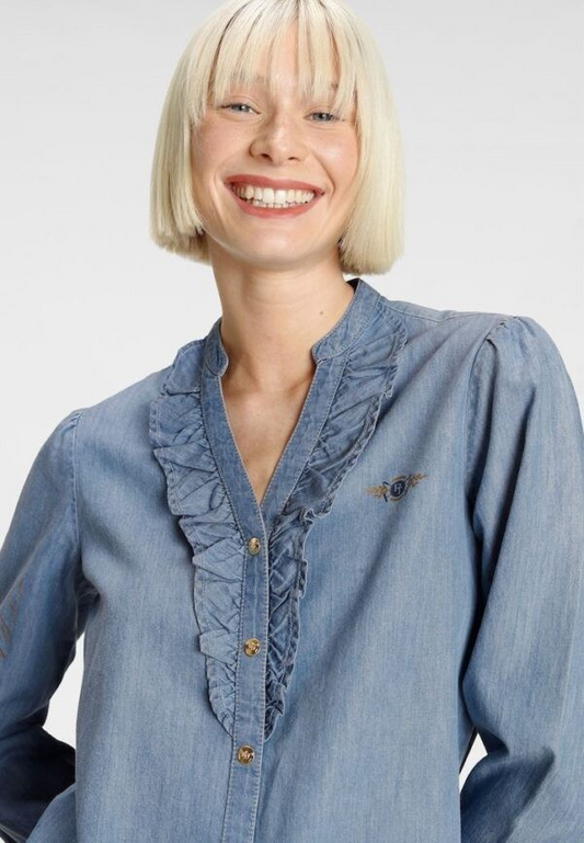 Tom Tailor | Dames | Denim shirt met pofmouwtje en ruffle kraagje