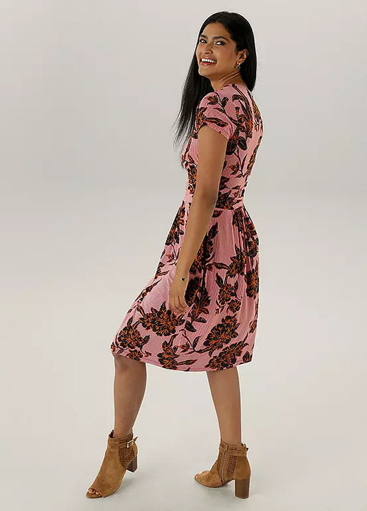 Aniston | Dames | Jurk | Blad en bloemen motief | midi lengte | Rood- meerkleurig