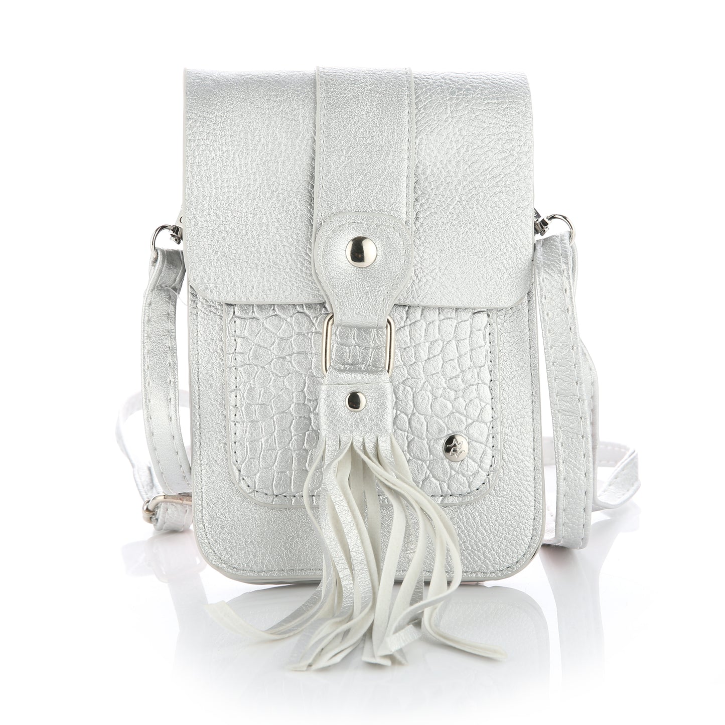 Michelle | Telefoontasje | Crossbody | Effen met croco accent | Franjes | Zilver