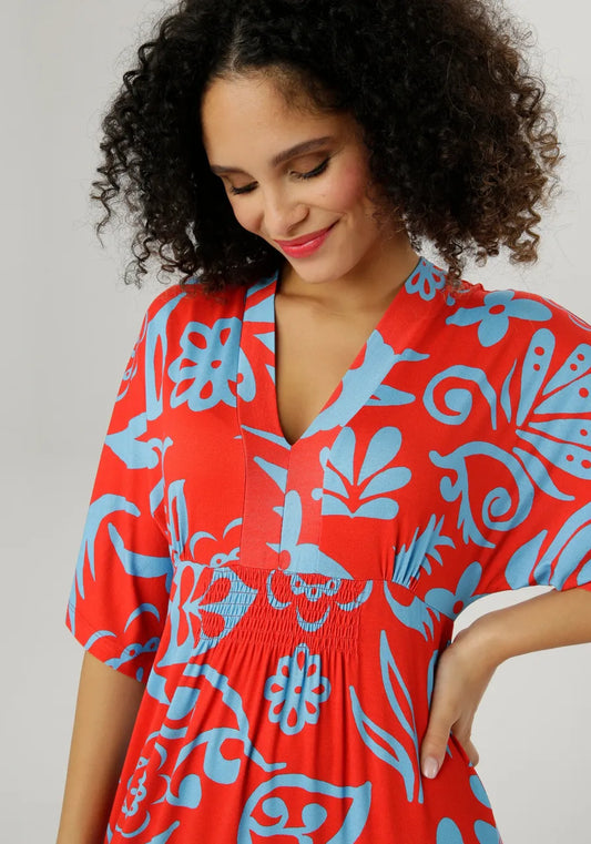 Aniston | Dames | Jurk | Soepel vallend |Blad en bloemmotief | Rood - Blauw