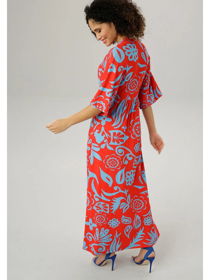 Aniston | Dames | Jurk | Soepel vallend |Blad en bloemmotief | Rood - Blauw