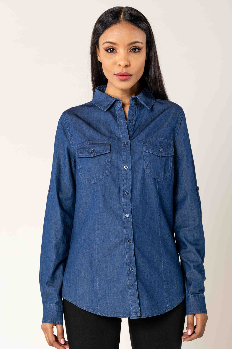 Nina Carter | Dames | Blouse | Blauw - Denim | Dark Denim spijkerblouse