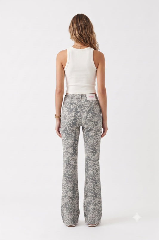 Daysies | Dames | Flared Leopard Jeans | Hoge Taille | Grijze Animal Luipaard print | Stretch Fit