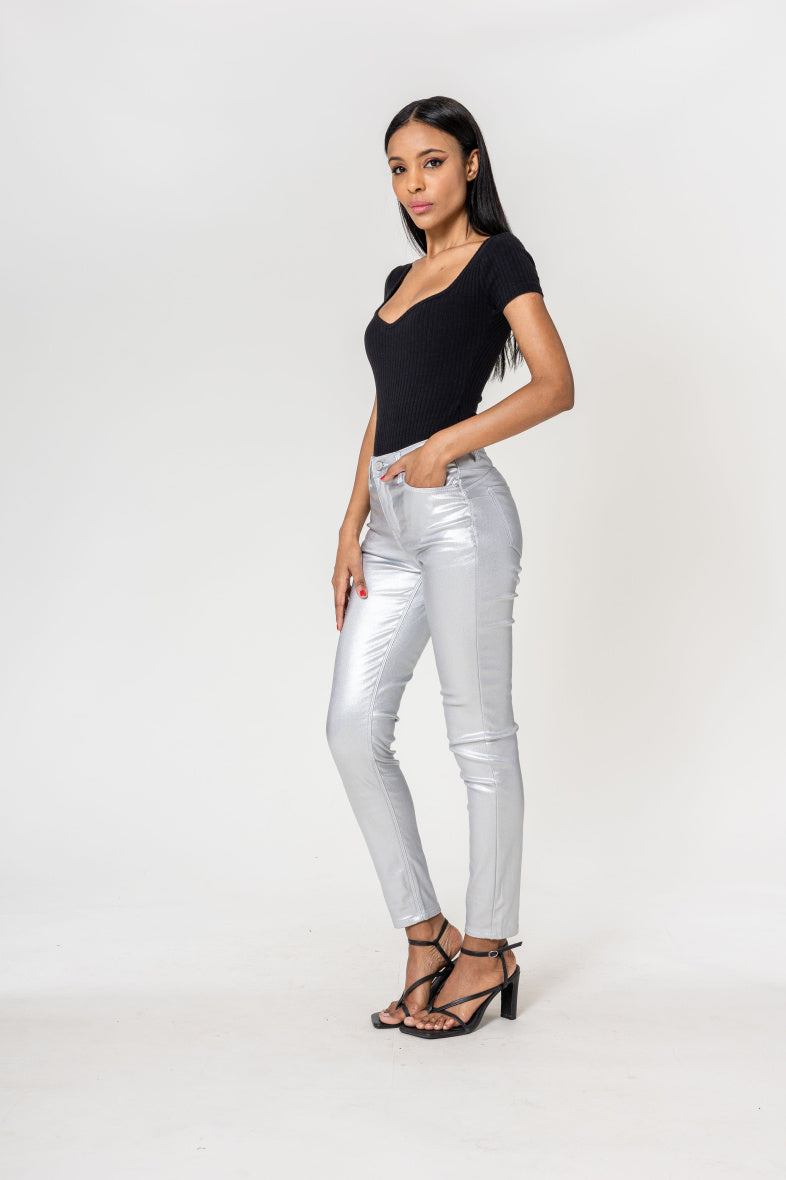 Nina Carter | Dames | Coated push up pants | Slim Fit | Zilver