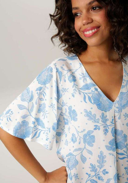 Aniston | Dames | Blouse | Soepelvallend | Bloemenprint | Blauw - wit