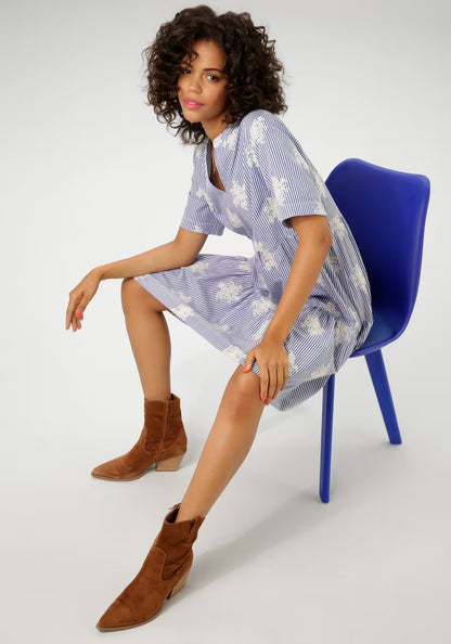 Aniston | Dames | Jurk | Boho stijl | Streep met uniek borduursel | Blauw -Wit