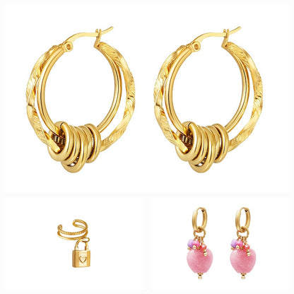 Yehwang | Oorbellen | 3 delig "earparty Love pink" | stainless steel