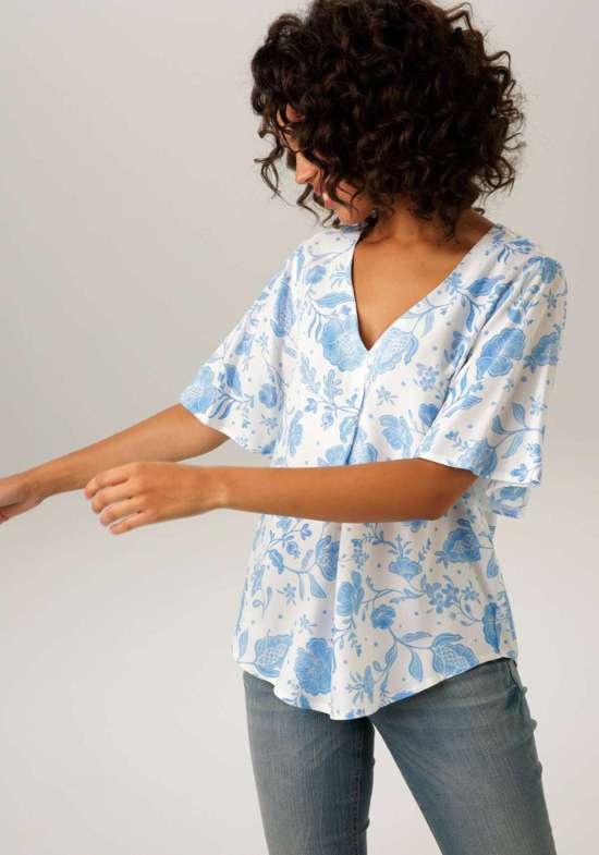 Aniston | Dames | Blouse | Soepelvallend | Bloemenprint | Blauw - wit