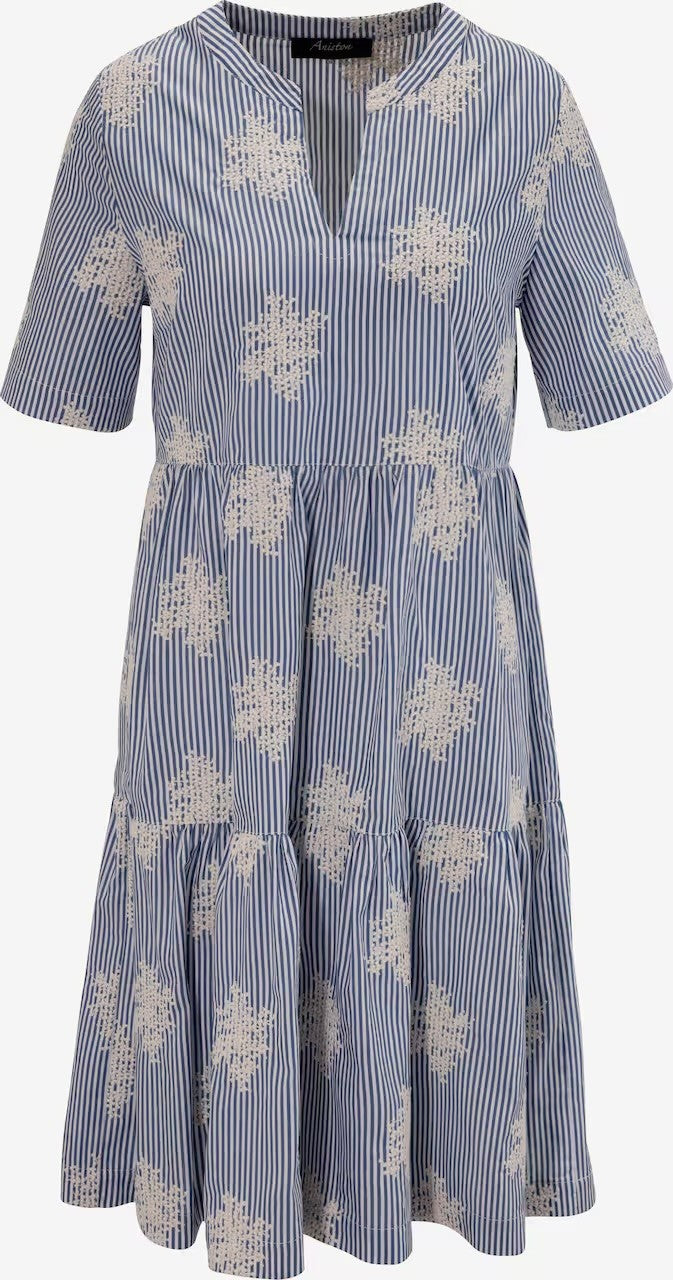 Aniston | Dames | Jurk | Boho stijl | Streep met uniek borduursel | Blauw -Wit