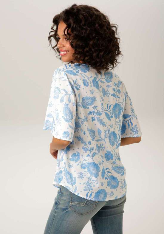 Aniston | Dames | Blouse | Soepelvallend | Bloemenprint | Blauw - wit