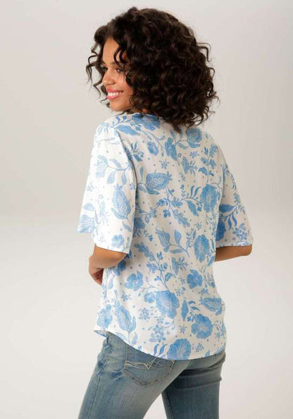 Aniston | Dames | Blouse | Soepelvallend | Bloemenprint | Blauw - wit
