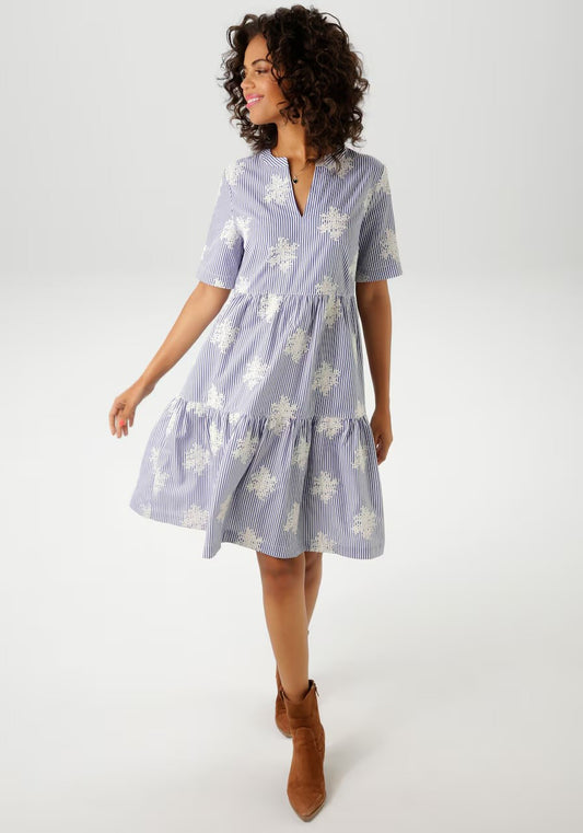 Aniston | Dames | Jurk | Boho stijl | Streep met uniek borduursel | Blauw -Wit