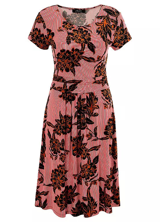 Aniston | Dames | Jurk | Blad en bloemen motief | midi lengte | Rood- meerkleurig