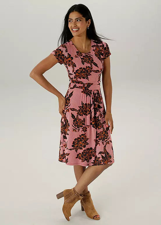 Aniston | Dames | Jurk | Blad en bloemen motief | midi lengte | Rood- meerkleurig