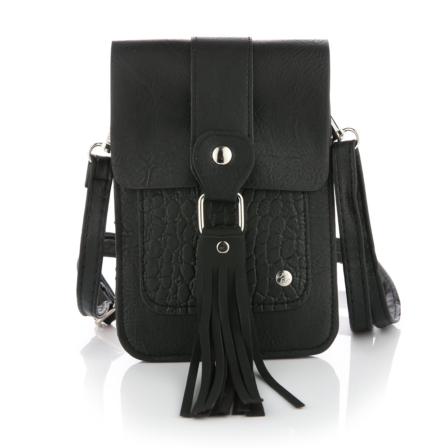 Michelle | Telefoontasje | Crossbody | Effen met croco accent | Franjes | Zwart