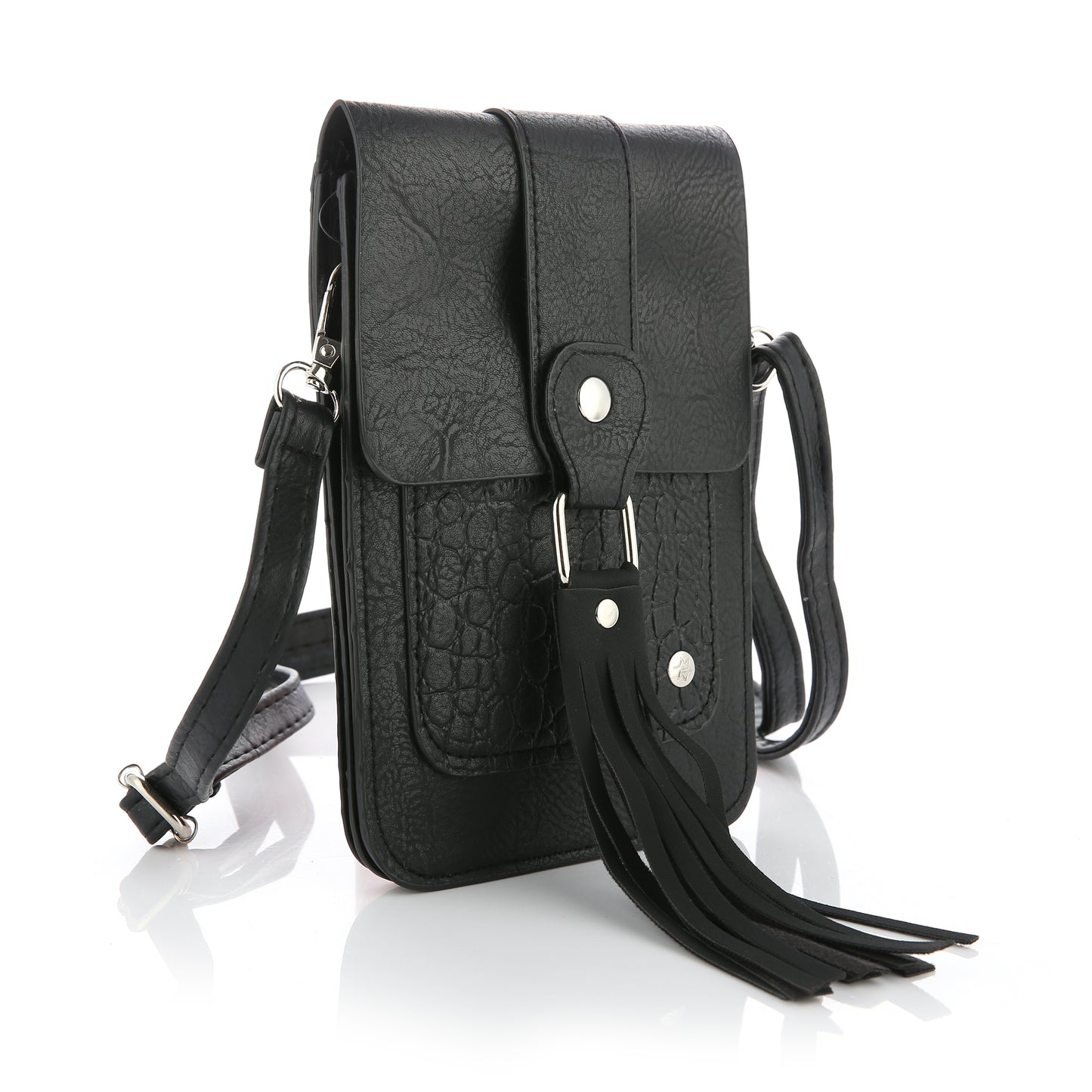 Michelle | Telefoontasje | Crossbody | Effen met croco accent | Franjes | Zwart