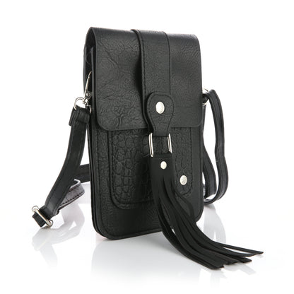 Michelle | Telefoontasje | Crossbody | Effen met croco accent | Franjes | Zwart
