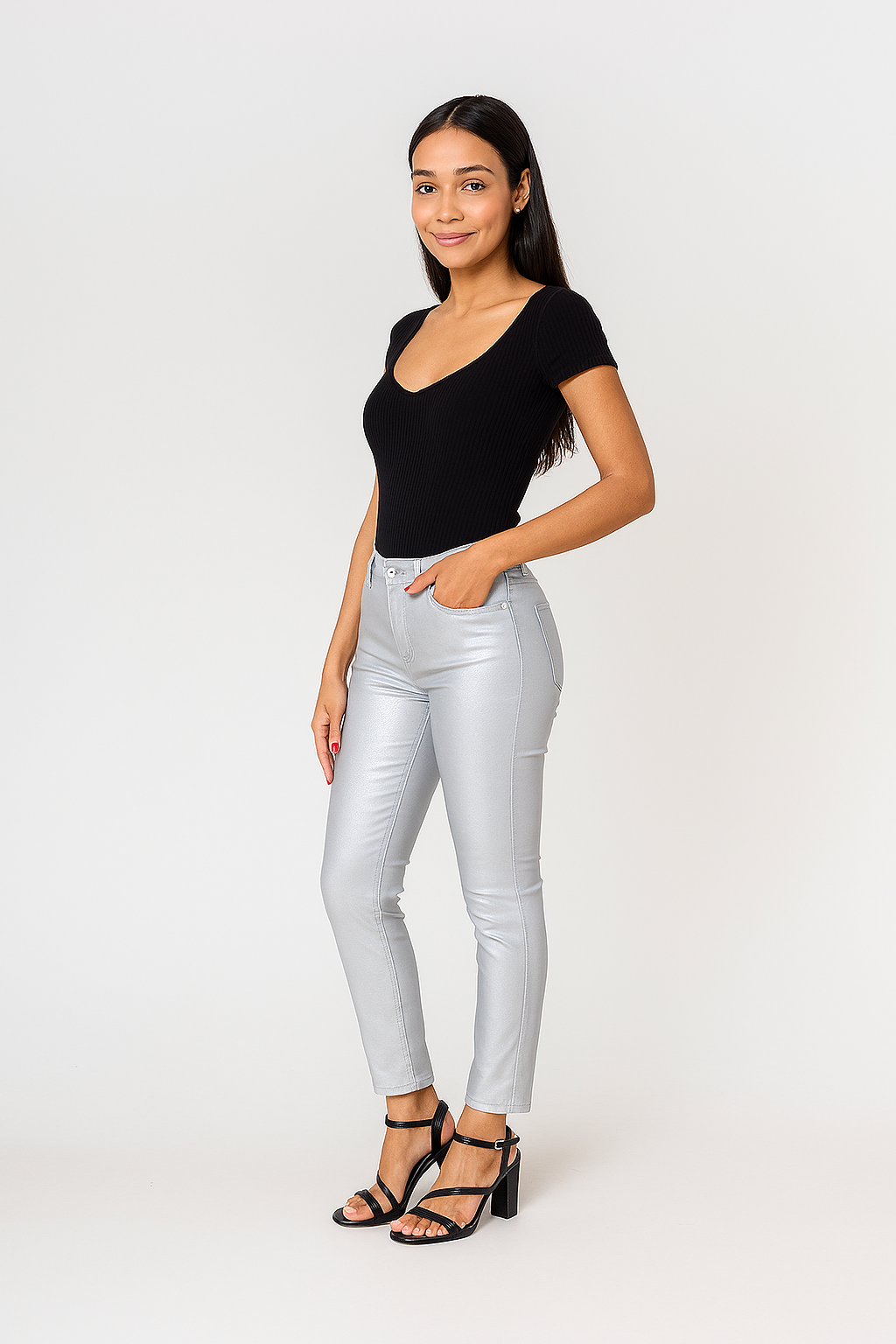 Nina Carter | Dames | Coated push up pants | Slim Fit | Zilver
