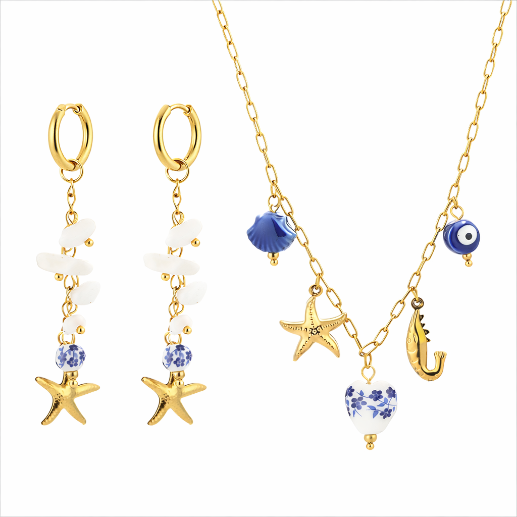 Sunset Fashion | Ketting Oorbellen Set " Zeester" | 2 delig | Stainless steel - Blauw
