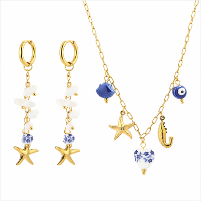 Sunset Fashion | Ketting Oorbellen Set " Zeester" | 2 delig | Stainless steel - Blauw