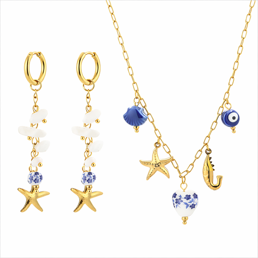 Sunset Fashion | Ketting Oorbellen Set " Zeester" | 2 delig | Stainless steel - Blauw
