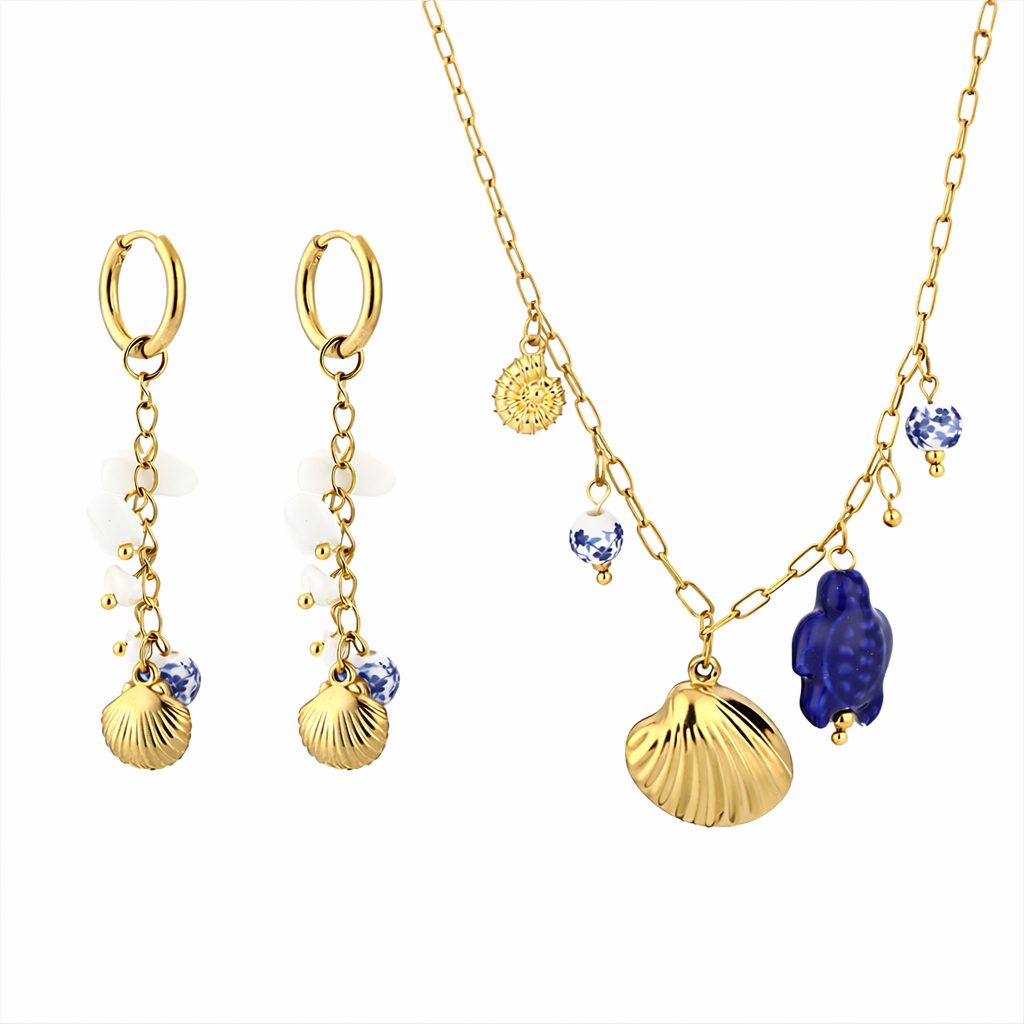 Sunset Fashion | Ketting Oorbellen Set " Schelp" | 2 delig | Stainless steel - Blauw