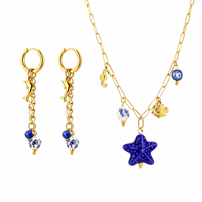 Sunset Fashion | Ketting Oorbellen Set " Zee" | 2 delig | Stainless steel - Blauw
