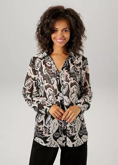 Aniston | Dames | Blouse  | Soepelvallend | Bloemenprint | Zwart - off white