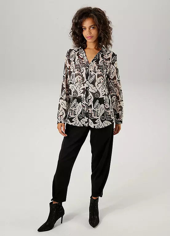 Aniston | Dames | Blouse  | Soepelvallend | Bloemenprint | Zwart - off white
