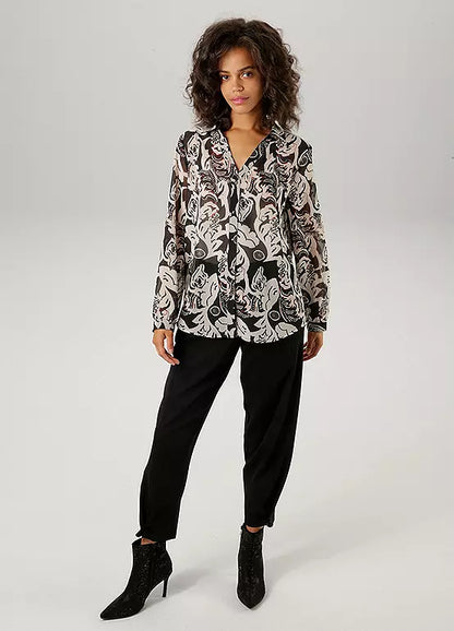 Aniston | Dames | Blouse  | Soepelvallend | Bloemenprint | Zwart - off white