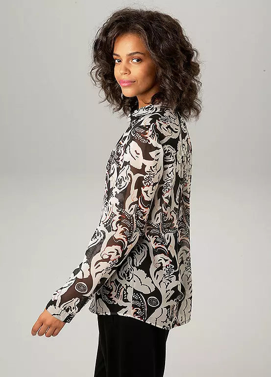 Aniston | Dames | Blouse  | Soepelvallend | Bloemenprint | Zwart - off white