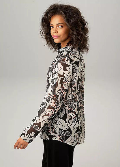 Aniston | Dames | Blouse  | Soepelvallend | Bloemenprint | Zwart - off white