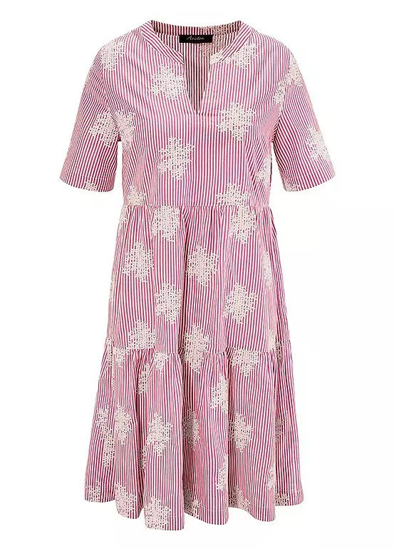 Aniston | Dames | Jurk | Boho stijl | Streep met uniek borduursel | Rood -Wit