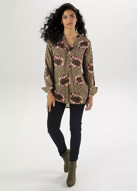 Aniston | Dames | Blouse  | V hals | Olijf met harmonieus bloemmotief