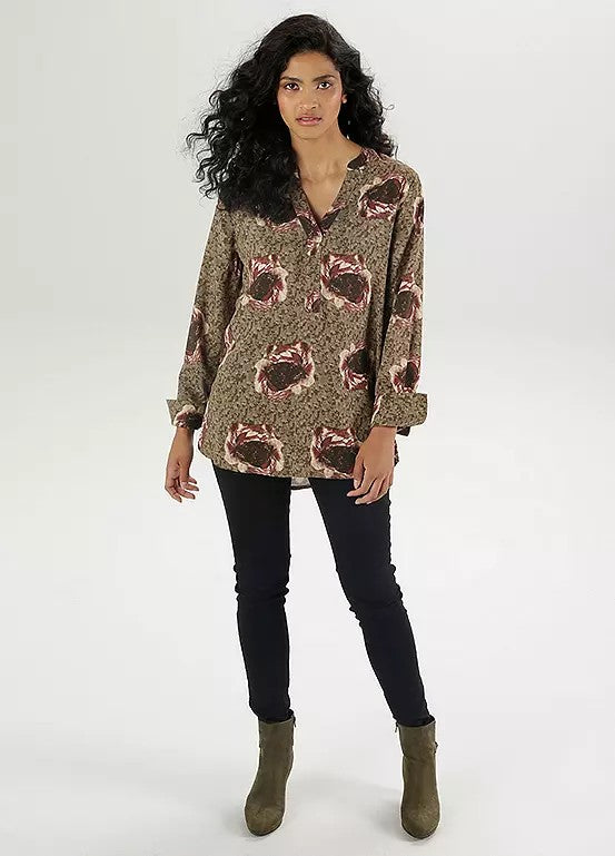 Aniston | Dames | Blouse  | V hals | Olijf met harmonieus bloemmotief