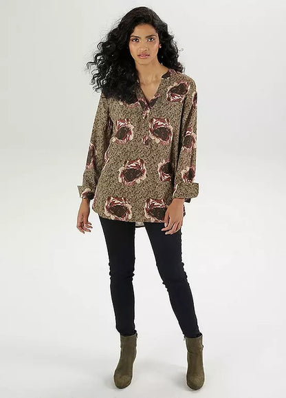 Aniston | Dames | Blouse  | V hals | Olijf met harmonieus bloemmotief
