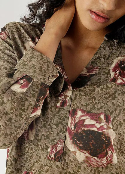 Aniston | Dames | Blouse  | V hals | Olijf met harmonieus bloemmotief