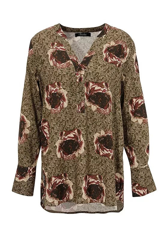 Aniston | Dames | Blouse  | V hals | Olijf met harmonieus bloemmotief