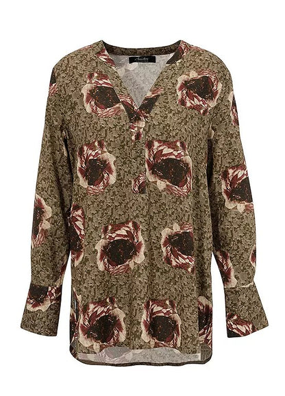 Aniston | Dames | Blouse  | V hals | Olijf met harmonieus bloemmotief