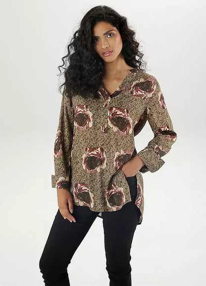 Aniston | Dames | Blouse  | V hals | Olijf met harmonieus bloemmotief