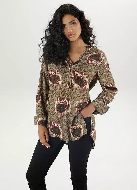 Aniston | Dames | Blouse  | V hals | Olijf met harmonieus bloemmotief
