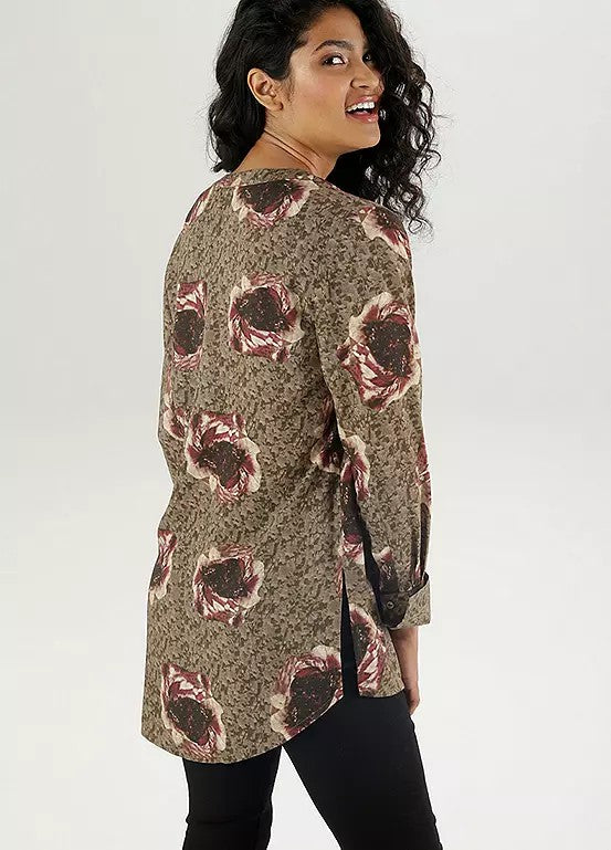 Aniston | Dames | Blouse  | V hals | Olijf met harmonieus bloemmotief