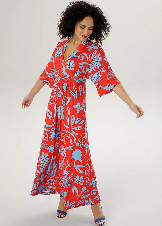 Aniston | Dames | Jurk | Soepel vallend |Blad en bloemmotief | Rood - Blauw