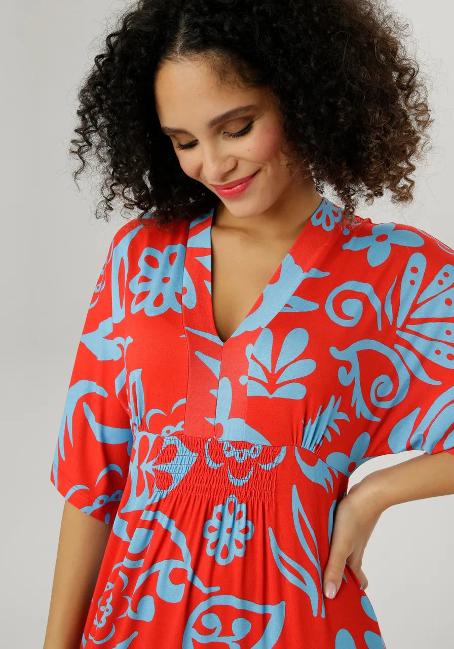 Aniston | Dames | Jurk | Soepel vallend |Blad en bloemmotief | Rood - Blauw