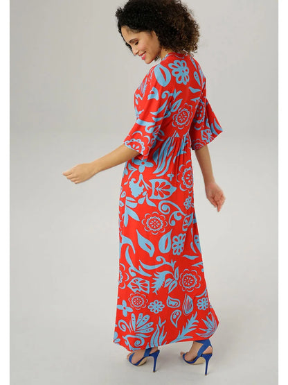 Aniston | Dames | Jurk | Soepel vallend |Blad en bloemmotief | Rood - Blauw