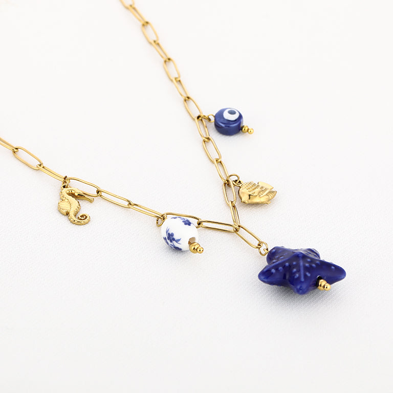 Sunset Fashion | Ketting Oorbellen Set " Zee" | 2 delig | Stainless steel - Blauw