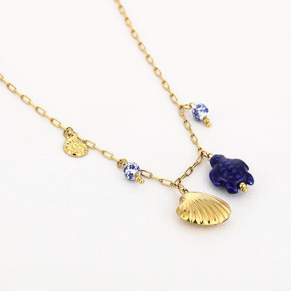 Sunset Fashion | Ketting Oorbellen Set " Schelp" | 2 delig | Stainless steel - Blauw