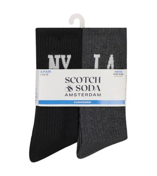 Scotch & Soda| Heren | Sokken | 6 Pack | 1/2Terry High-Quarter Crew | Zwart – Grijs | Maat 41-46