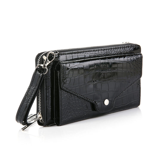 Schoudertasje - telefoontasje- Portemonnee | Crossbody | Kroko lak  | Zwart