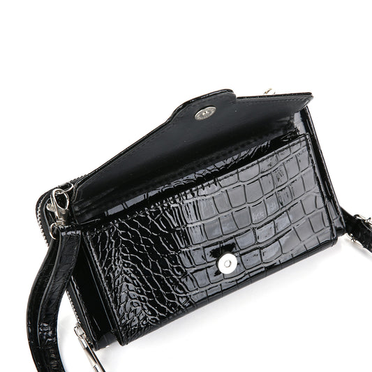Schoudertasje - telefoontasje- Portemonnee | Crossbody | Kroko lak  | Zwart